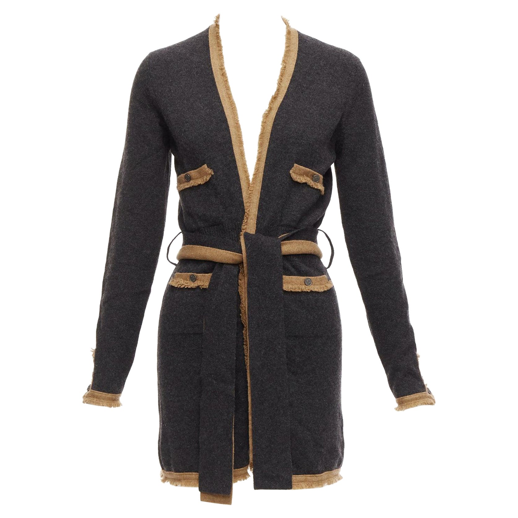 CHANEL 06A Runway 100% cashmere tan grey 4 pocket CC logo belted cardigan FR36 S