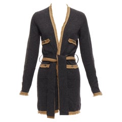 CHANEL 06A Runway 100% cashmere tan grey 4 pocket CC logo belted cardigan FR36 S