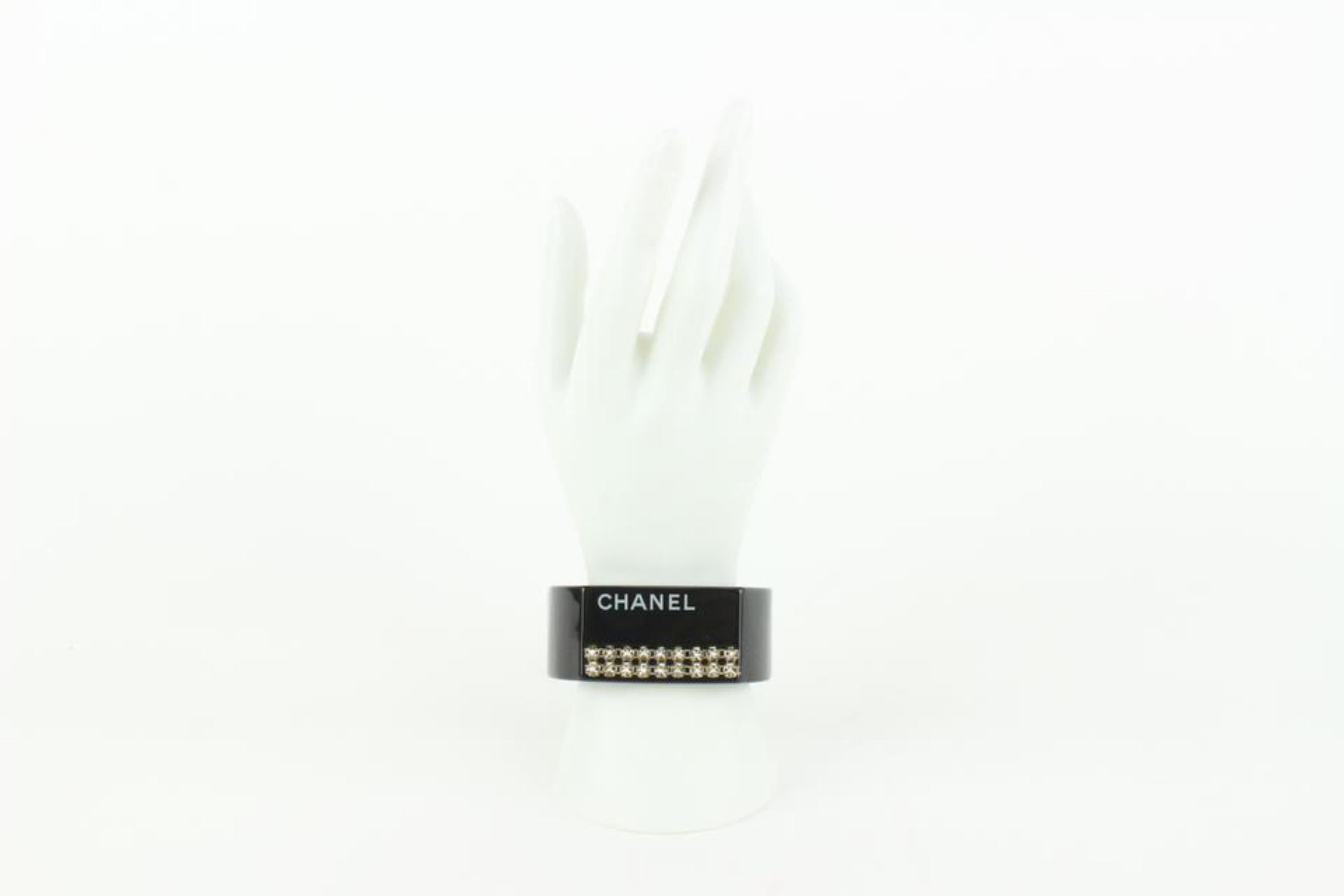 Chanel 06P Black CC Crystal Logo Cuff Bangle Bracelet 106c10 In Good Condition In Dix hills, NY