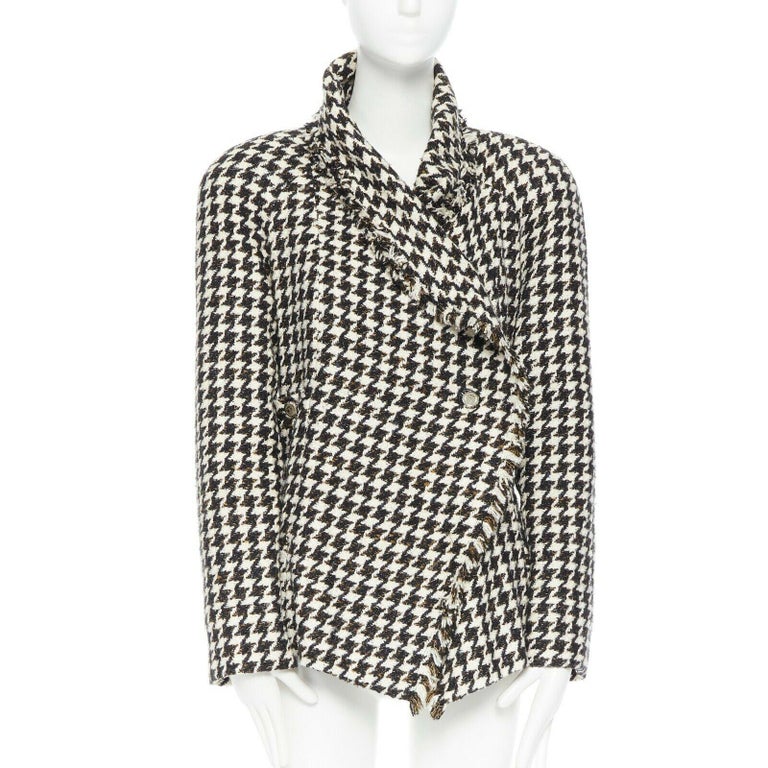 CHANEL 06P black white houndstooth tweed asymmetric wrapped front jacket  FR40