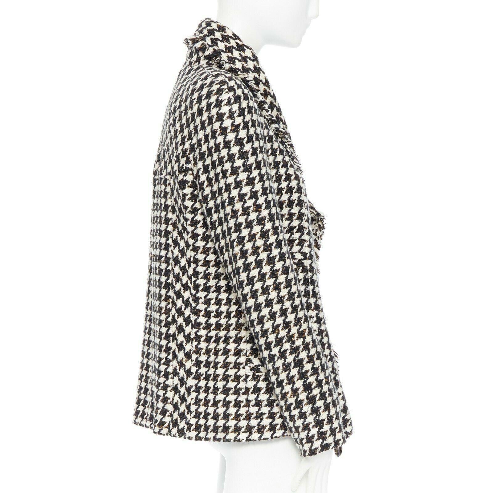 Black CHANEL 06P black white houndstooth tweed asymmetric wrapped front jacket FR40