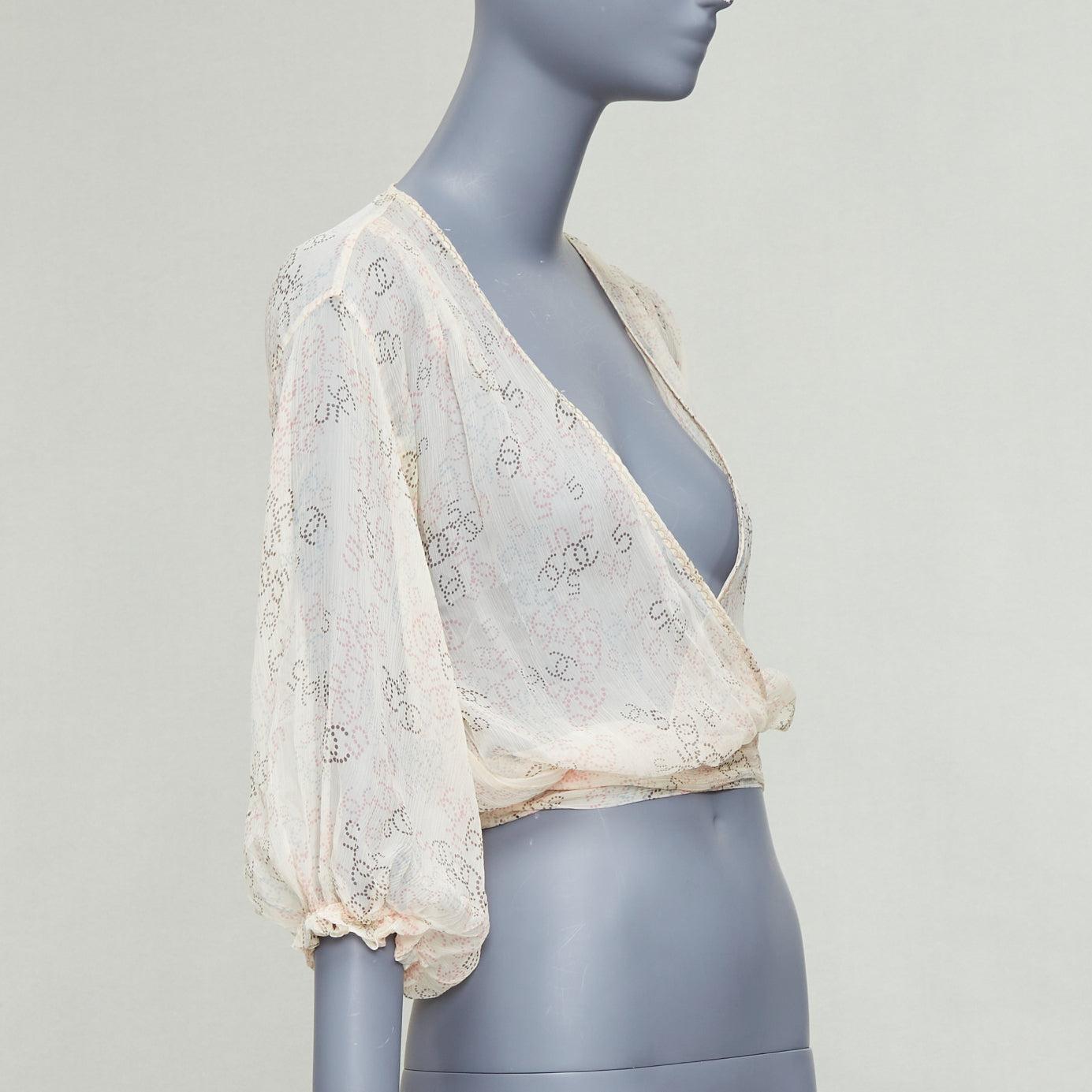 Gray CHANEL 06P cream 100% silk CC dotted print allover wrap blouse FR36 S