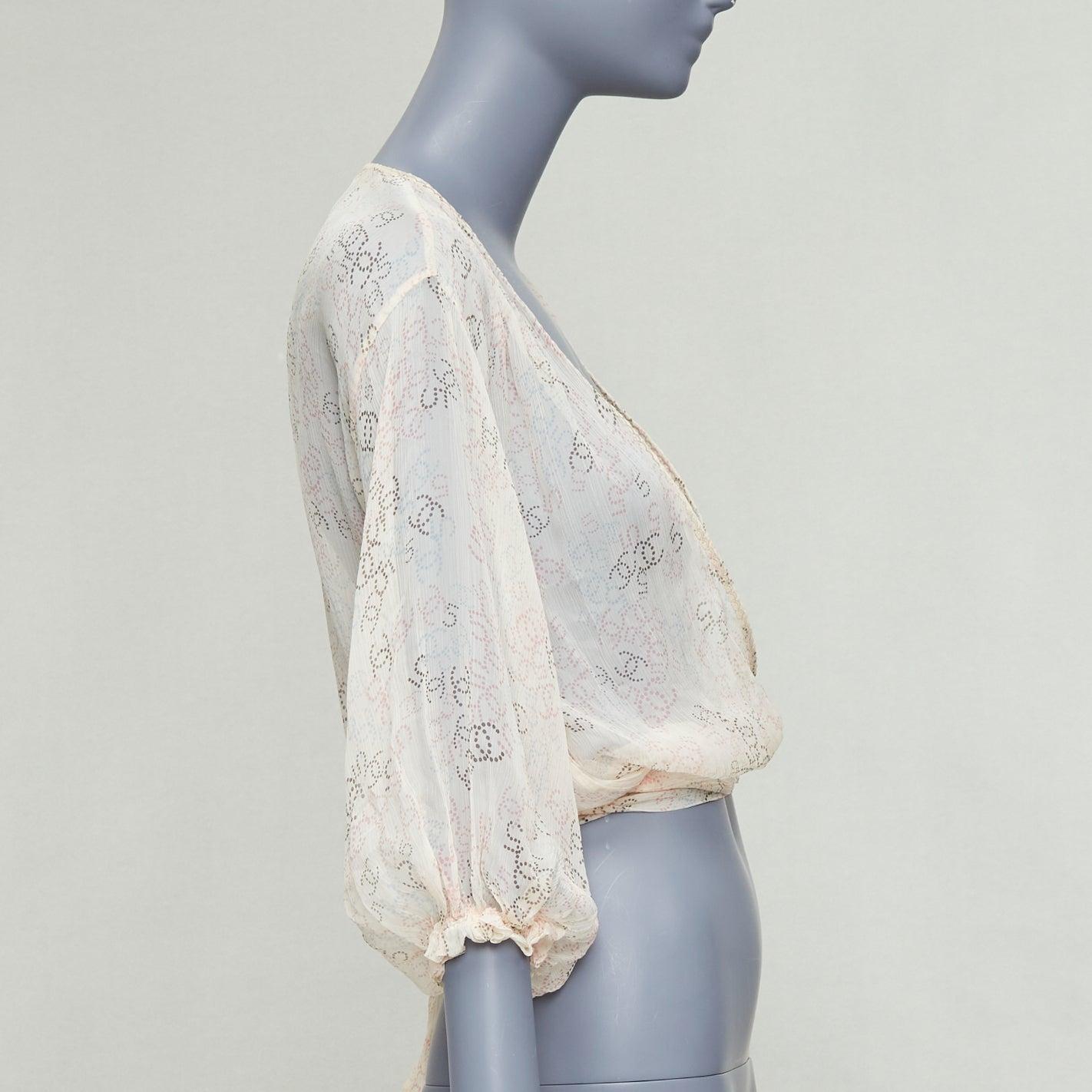 CHANEL 06P cream 100% silk CC dotted print allover wrap blouse FR36 S In Fair Condition In Hong Kong, NT