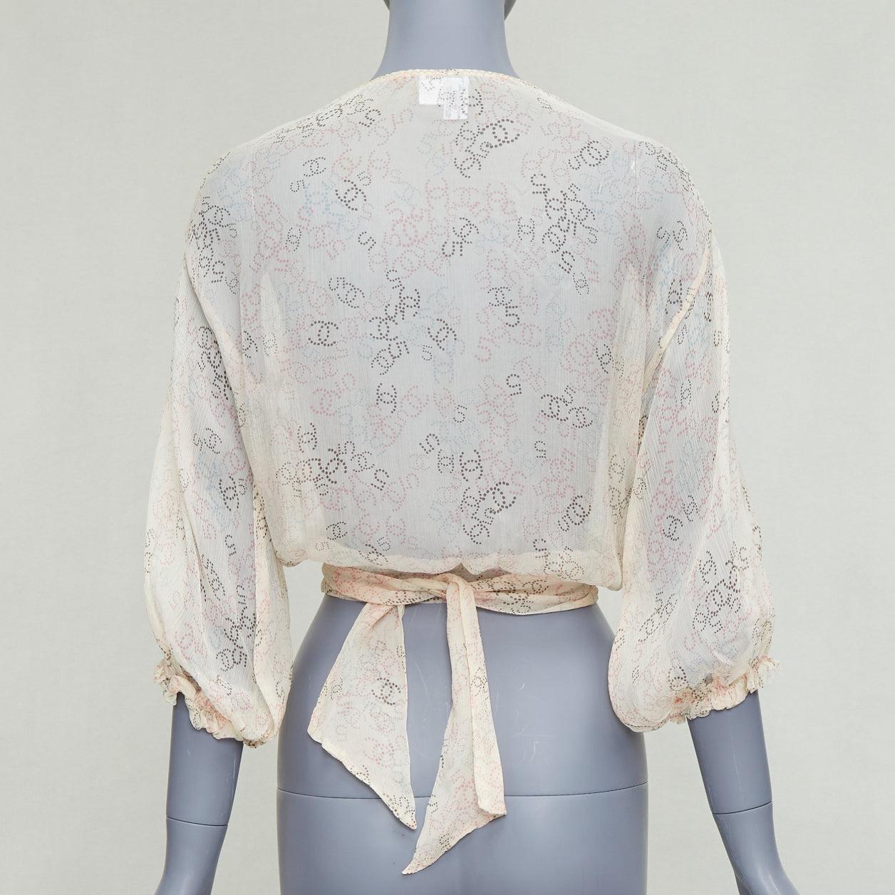 Women's CHANEL 06P cream 100% silk CC dotted print allover wrap blouse FR36 S