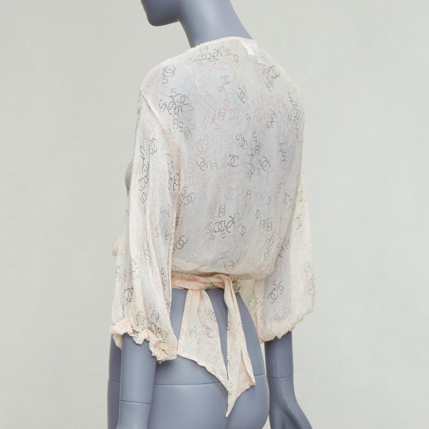 CHANEL 06P cream 100% silk CC dotted print allover wrap blouse FR36 S 1