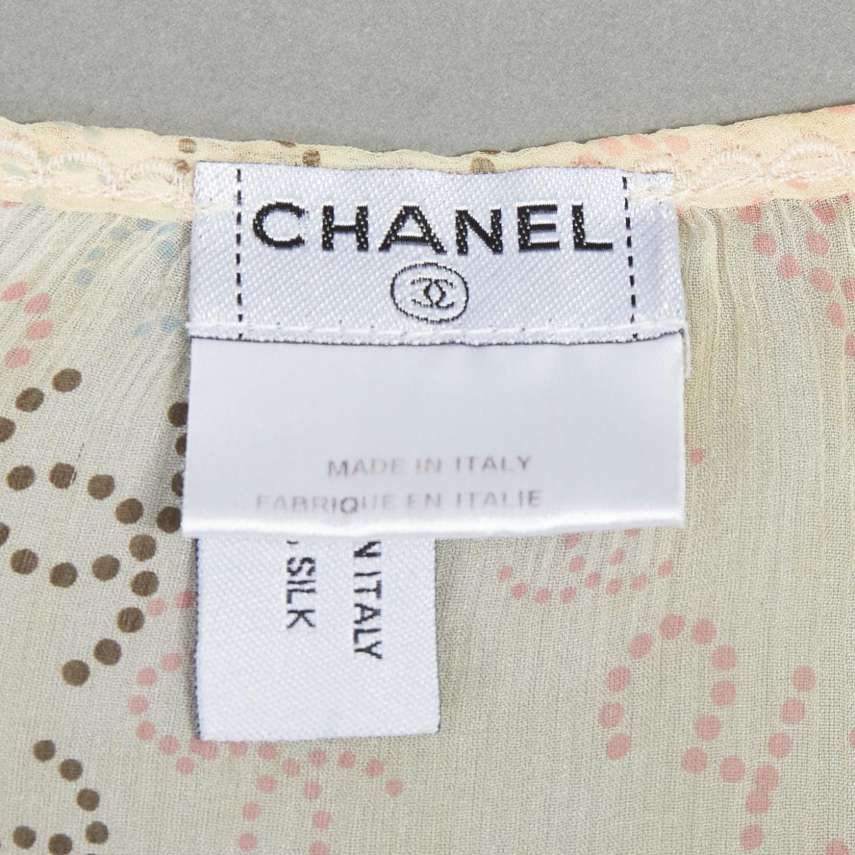 CHANEL 06P cream 100% silk CC dotted print allover wrap blouse FR36 S 3