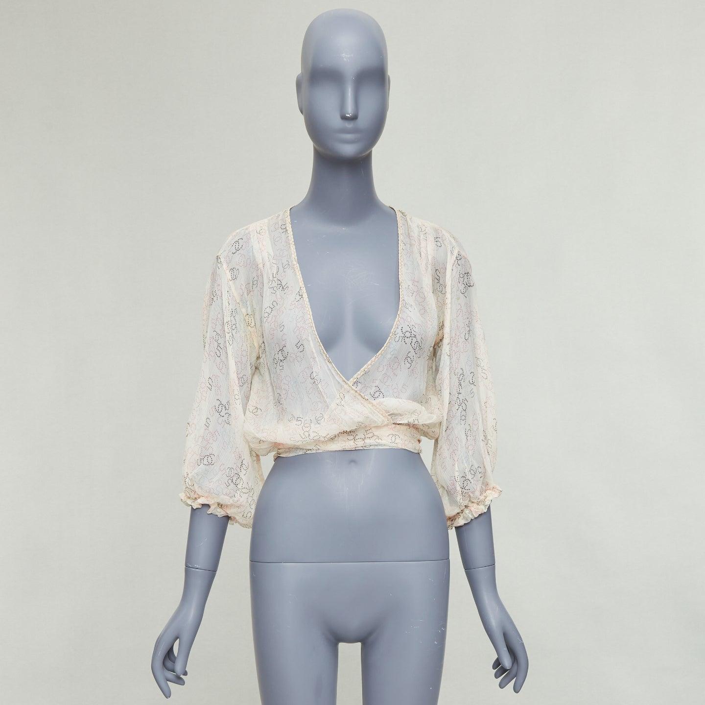 CHANEL 06P cream 100% silk CC dotted print allover wrap blouse FR36 S 4