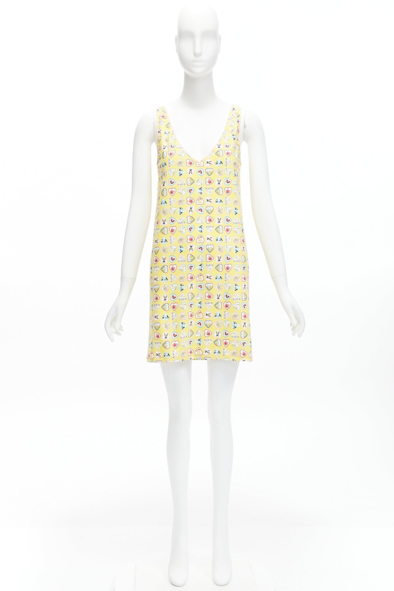 CHANEL 06P yellow Coco No 5 CC logo heart print V neck mini shift dress FR38 M For Sale 5