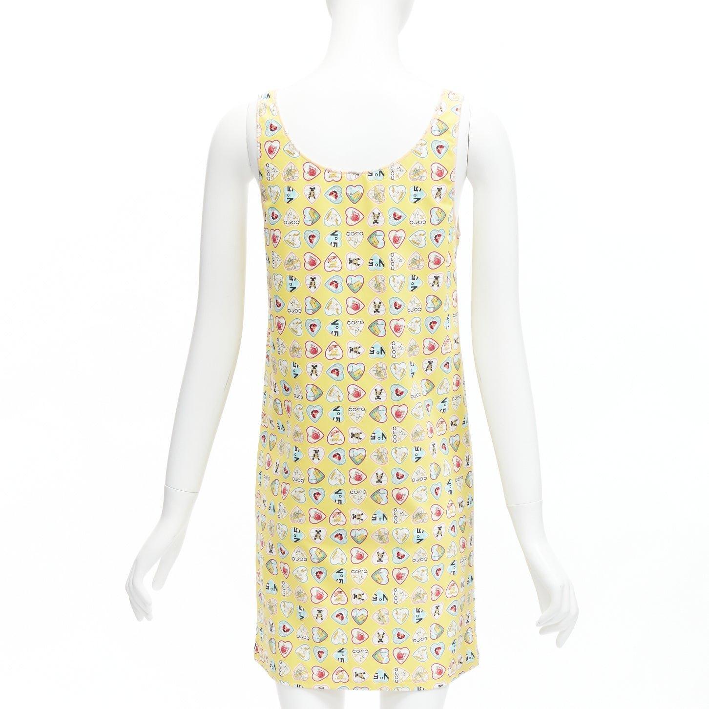 Women's CHANEL 06P yellow Coco No 5 CC logo heart print V neck mini shift dress FR38 M For Sale