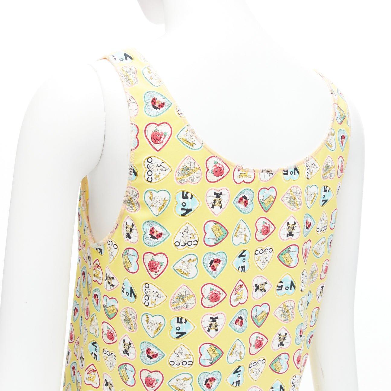 CHANEL 06P yellow Coco No 5 CC logo heart print V neck mini shift dress FR38 M For Sale 2