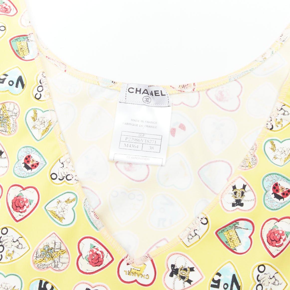 CHANEL 06P yellow Coco No 5 CC logo heart print V neck mini shift dress FR38 M For Sale 4