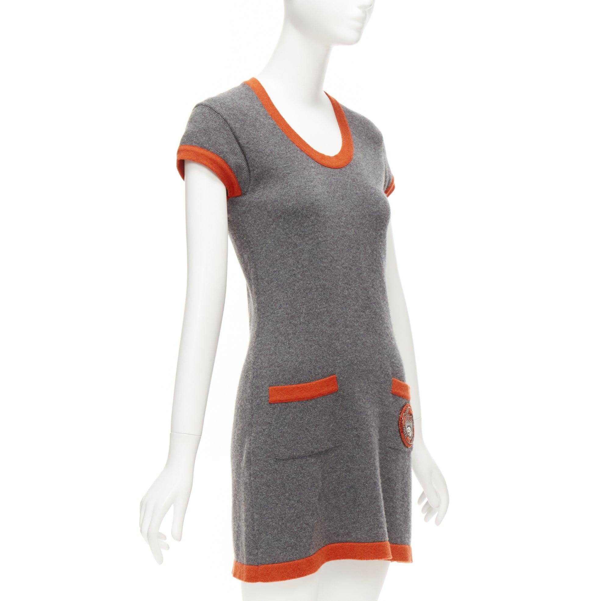 CHANEL 07A 100% cashmere grey orange trim COCO logo badge knit dress FR38 M In Excellent Condition For Sale In Hong Kong, NT