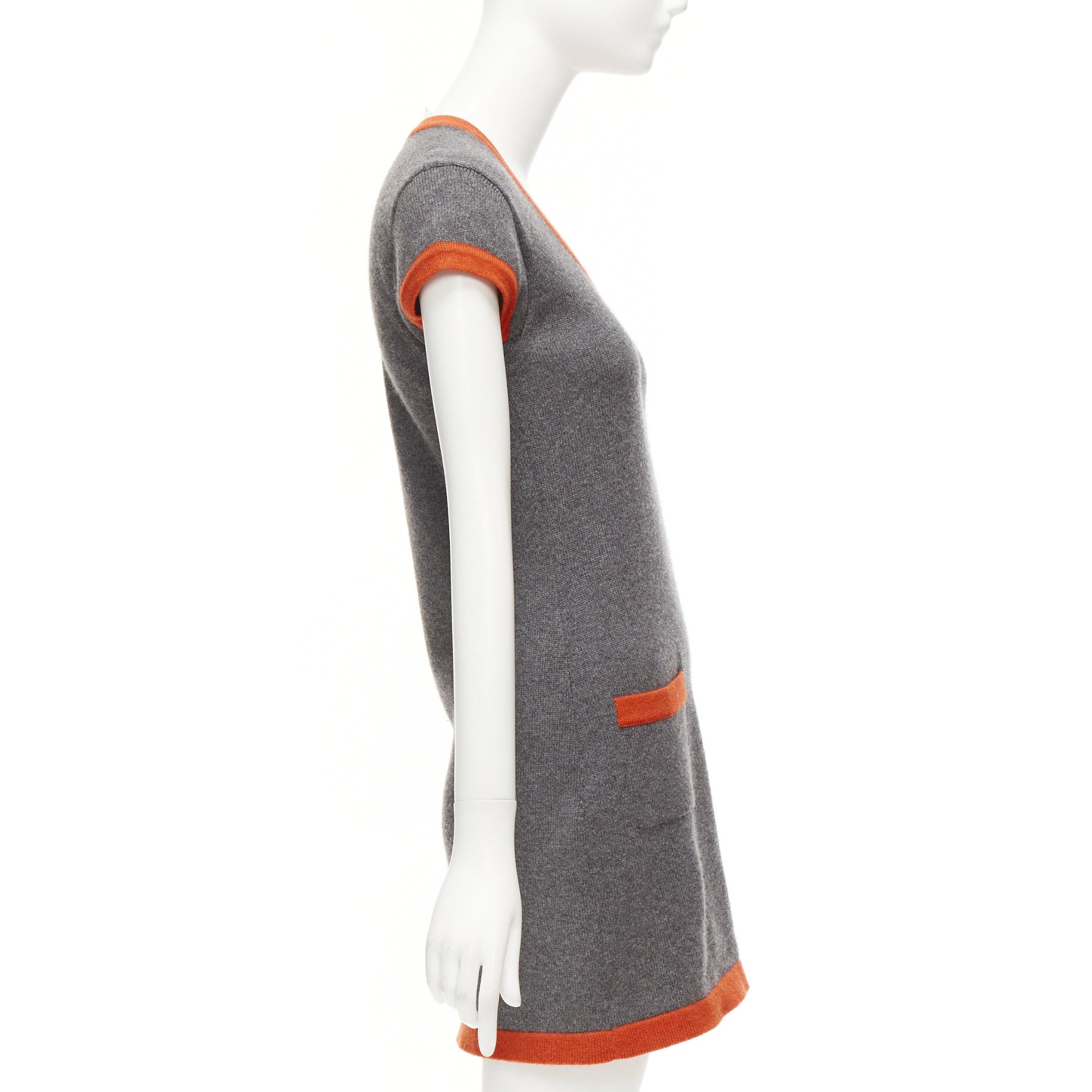 Women's CHANEL 07A 100% cashmere grey orange trim COCO logo badge knit dress FR38 M For Sale
