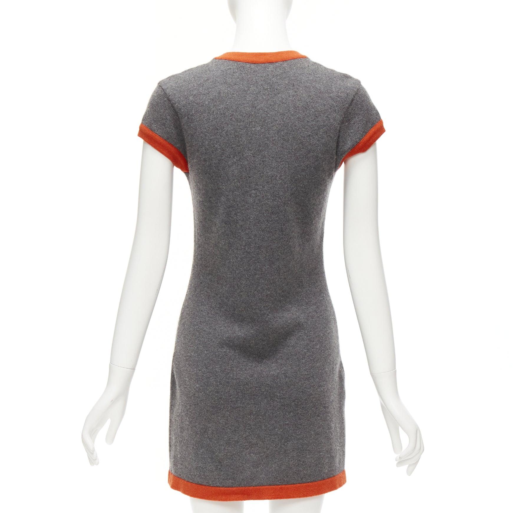 CHANEL 07A 100% cashmere grey orange trim COCO logo badge knit dress FR38 M For Sale 1