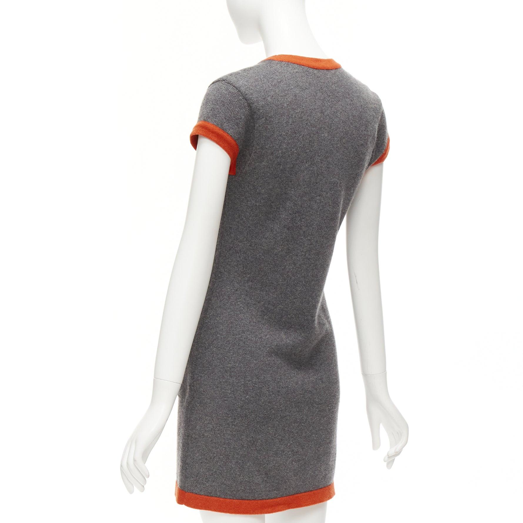 CHANEL 07A 100% cashmere grey orange trim COCO logo badge knit dress FR38 M For Sale 2