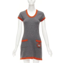 CHANEL 07A 100% cashmere grey orange trim COCO logo badge knit dress FR38 M