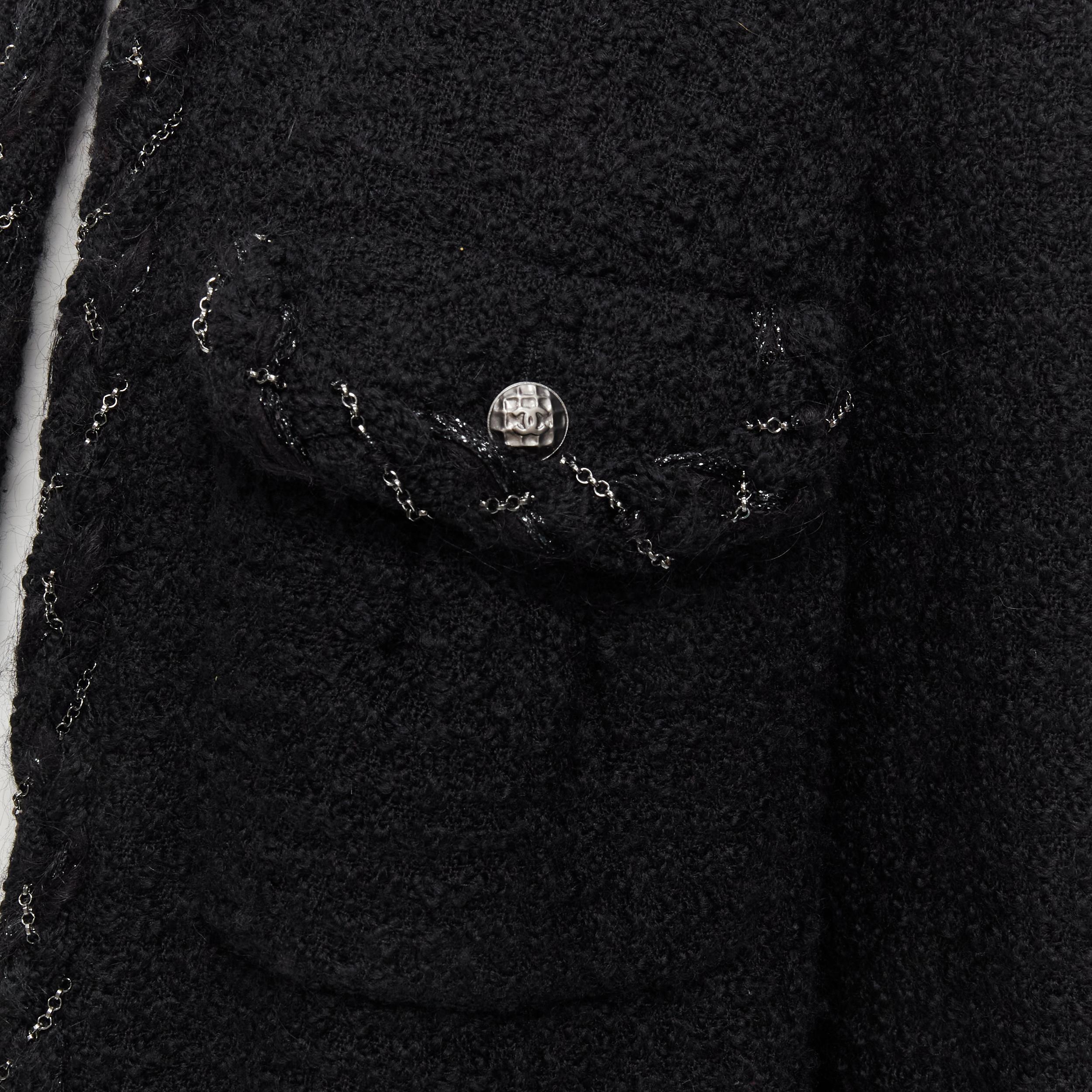 Women's CHANEL 07A black waffle tweed braided silver chain trim little black jacket FR50
