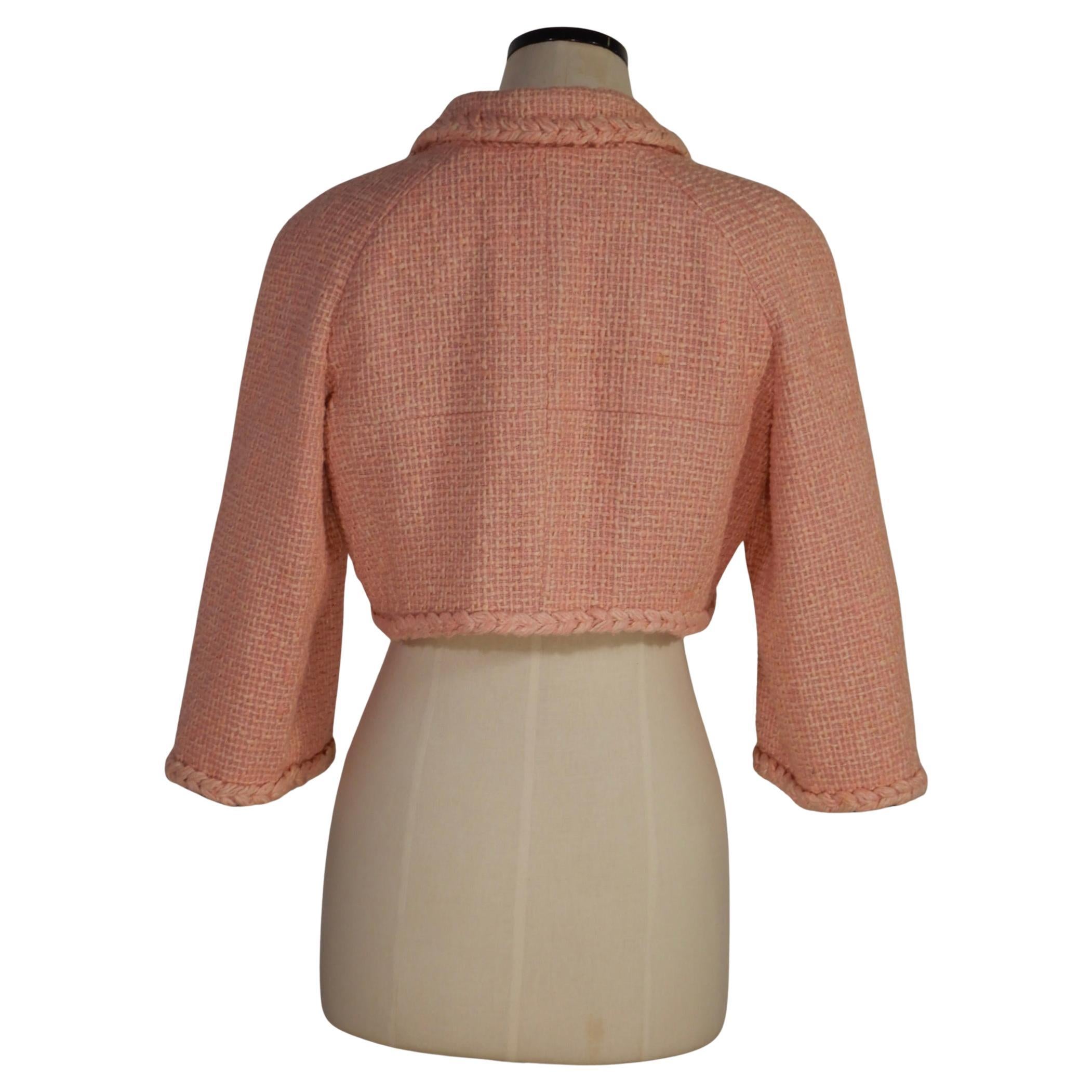 Brown Chanel 07A Fall 2007 Pink Silk Tweed Crop Jacket For Sale
