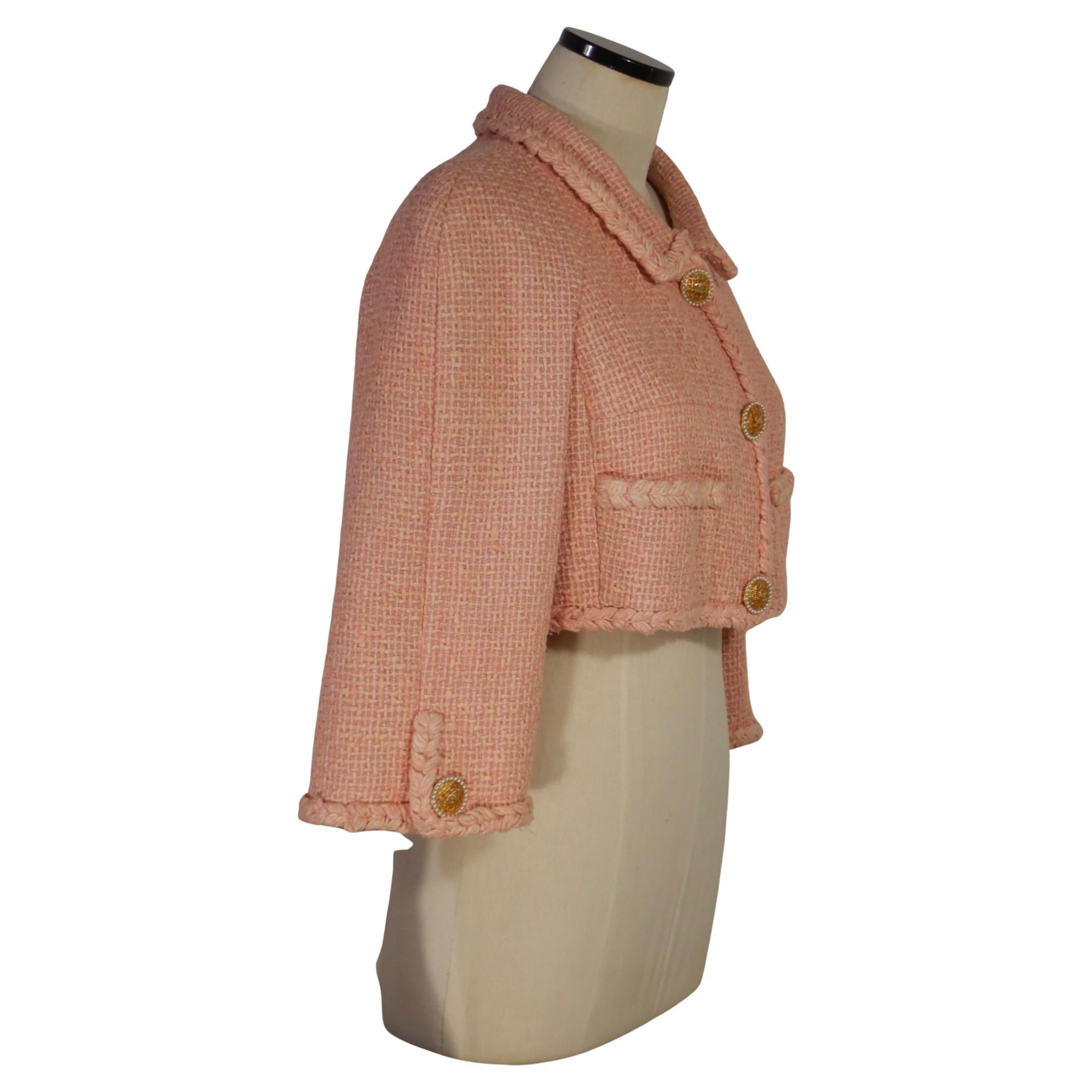 Chanel 07A Fall 2007 Pink Silk Tweed Crop Jacket In Excellent Condition For Sale In Oakland, CA