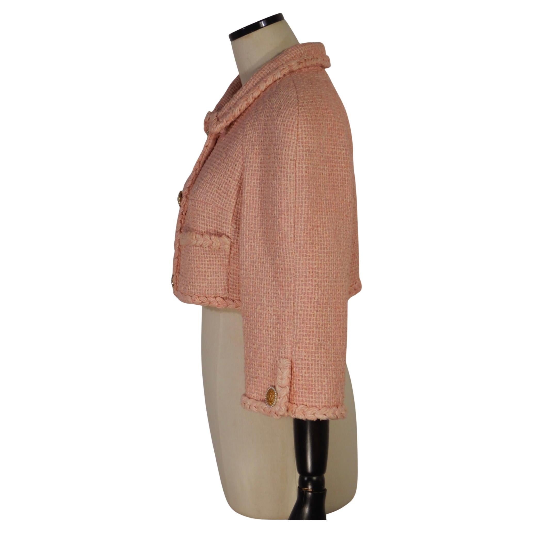 Women's Chanel 07A Fall 2007 Pink Silk Tweed Crop Jacket For Sale