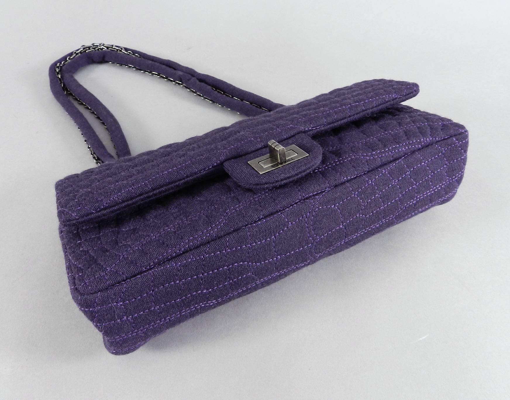 Black Chanel 07A Purple Knit Fabric Reissue East West Flap Bag  For Sale