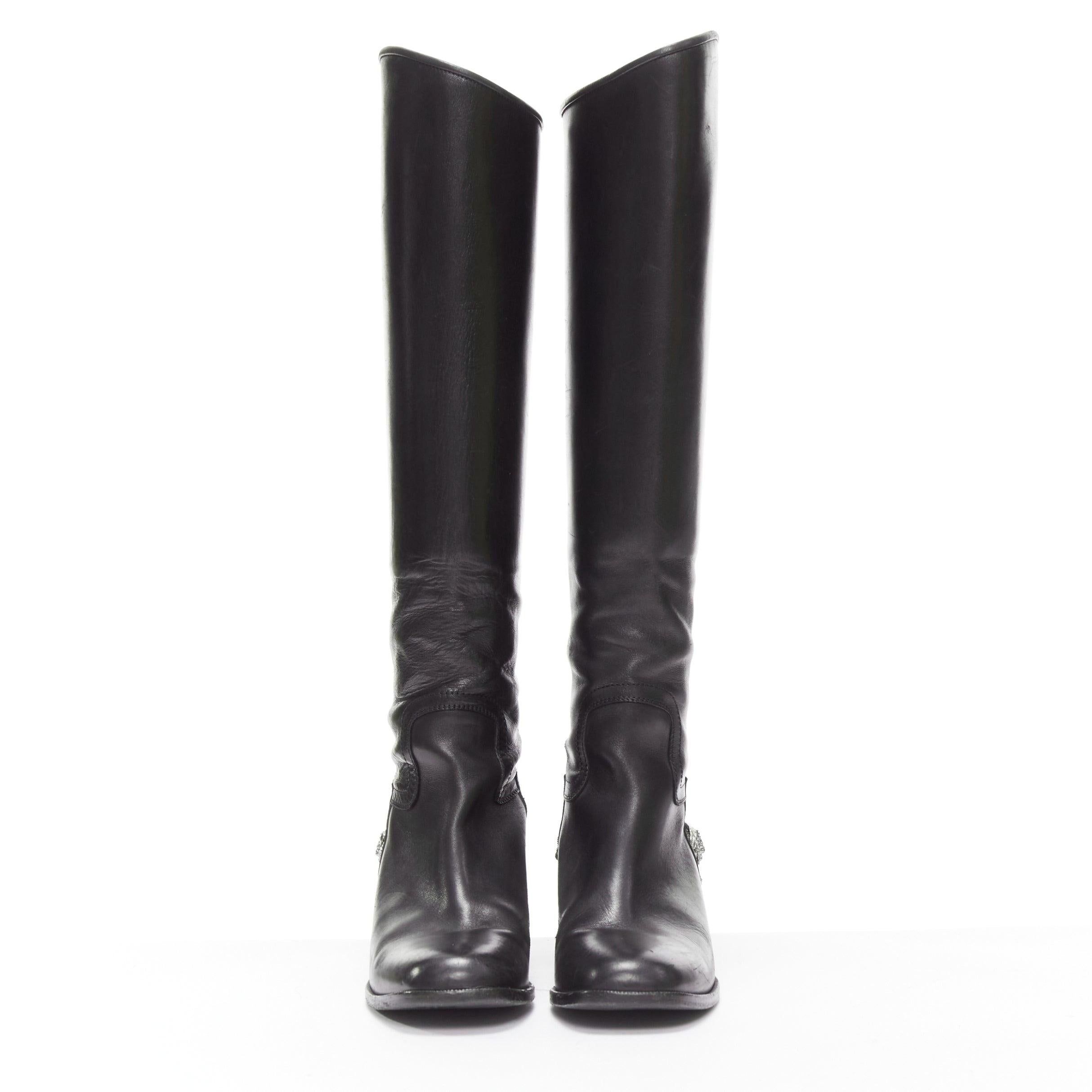 CHANEL 07A Runway silver Lion Camellia Star metal bar black riding boot EU37.5 In Fair Condition For Sale In Hong Kong, NT