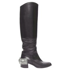 CHANEL 07A Runway silver Lion Camellia Star metal bar black riding boot EU37.5