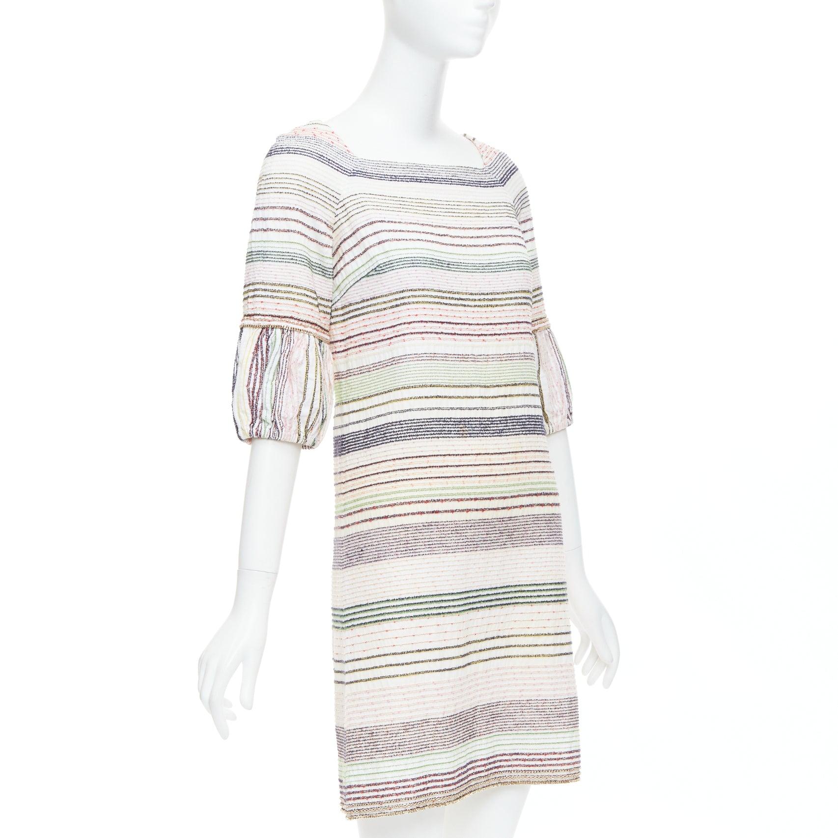 Gray CHANEL 07A Runway white multicolor tweed chain trimmed sleeve dress FR36 S For Sale
