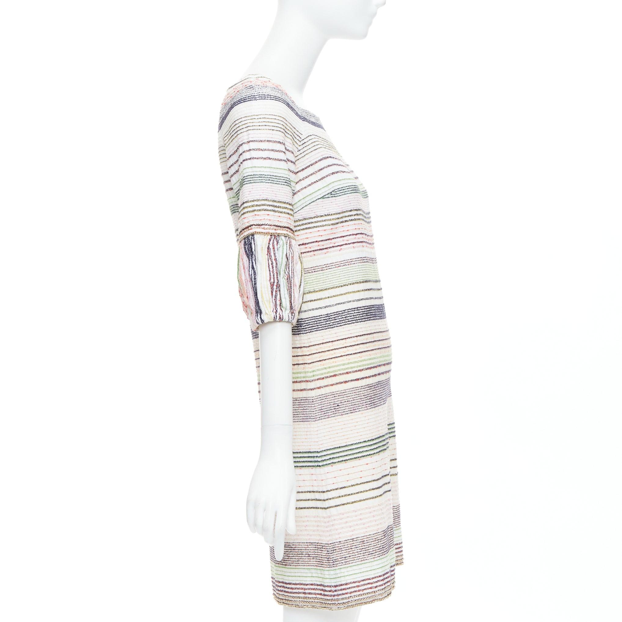 CHANEL 07A Runway white multicolor tweed chain trimmed sleeve dress FR36 S In Good Condition For Sale In Hong Kong, NT