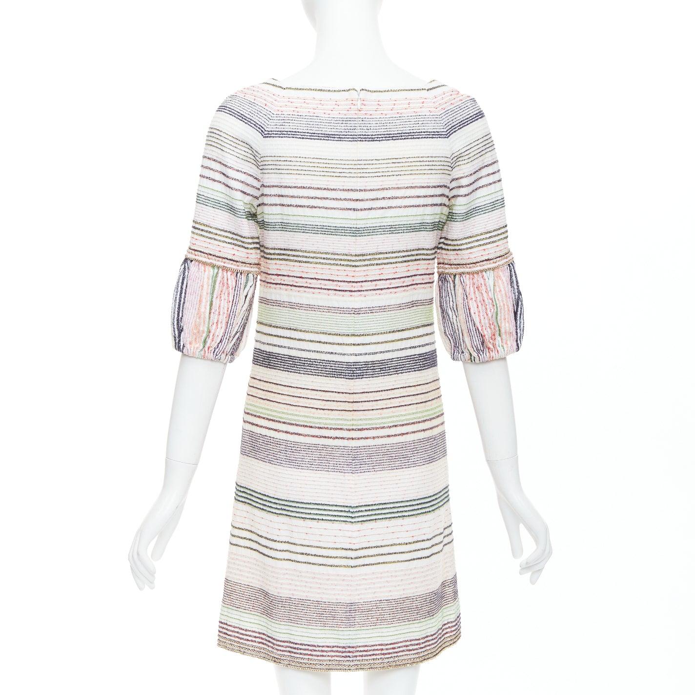 Women's CHANEL 07A Runway white multicolor tweed chain trimmed sleeve dress FR36 S For Sale