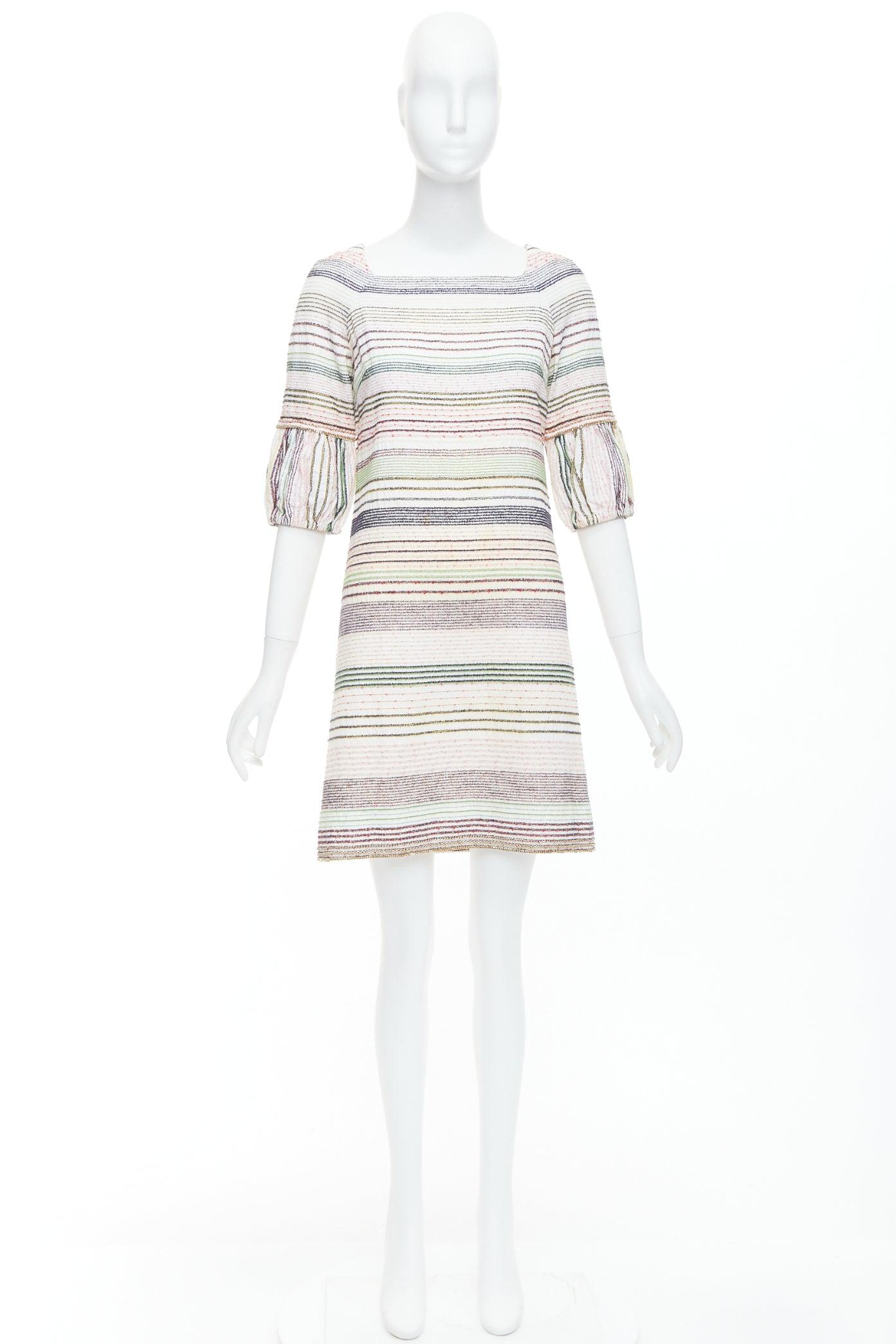 CHANEL 07A Runway white multicolor tweed chain trimmed sleeve dress FR36 S For Sale 4