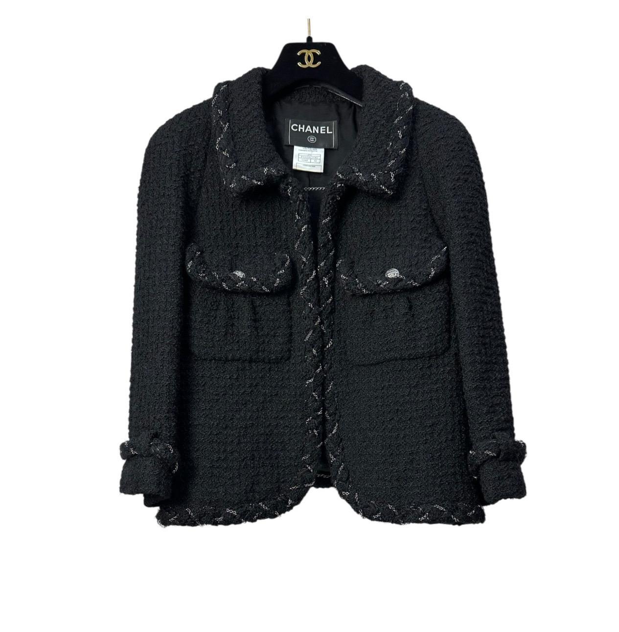 Chanel 07A Vintage Schwarz Tweed Kette Trim Jacke Sz.42 im Angebot