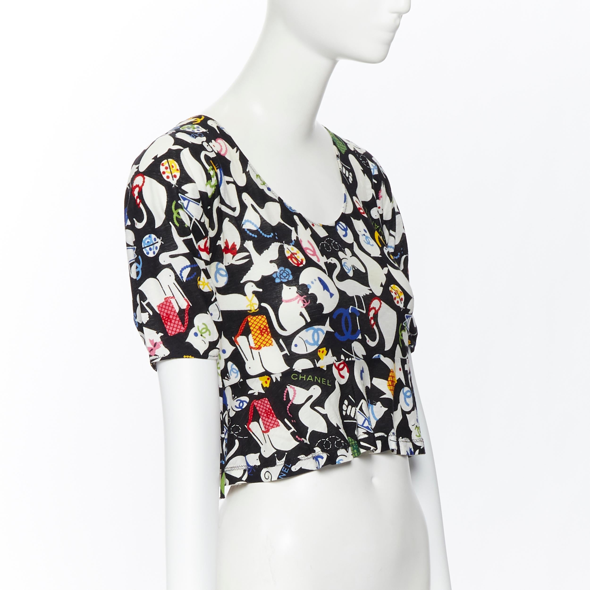 CHANEL 07P 100% cotton black CC illustration print short sleeve cropped top FR34 In Fair Condition In Hong Kong, NT