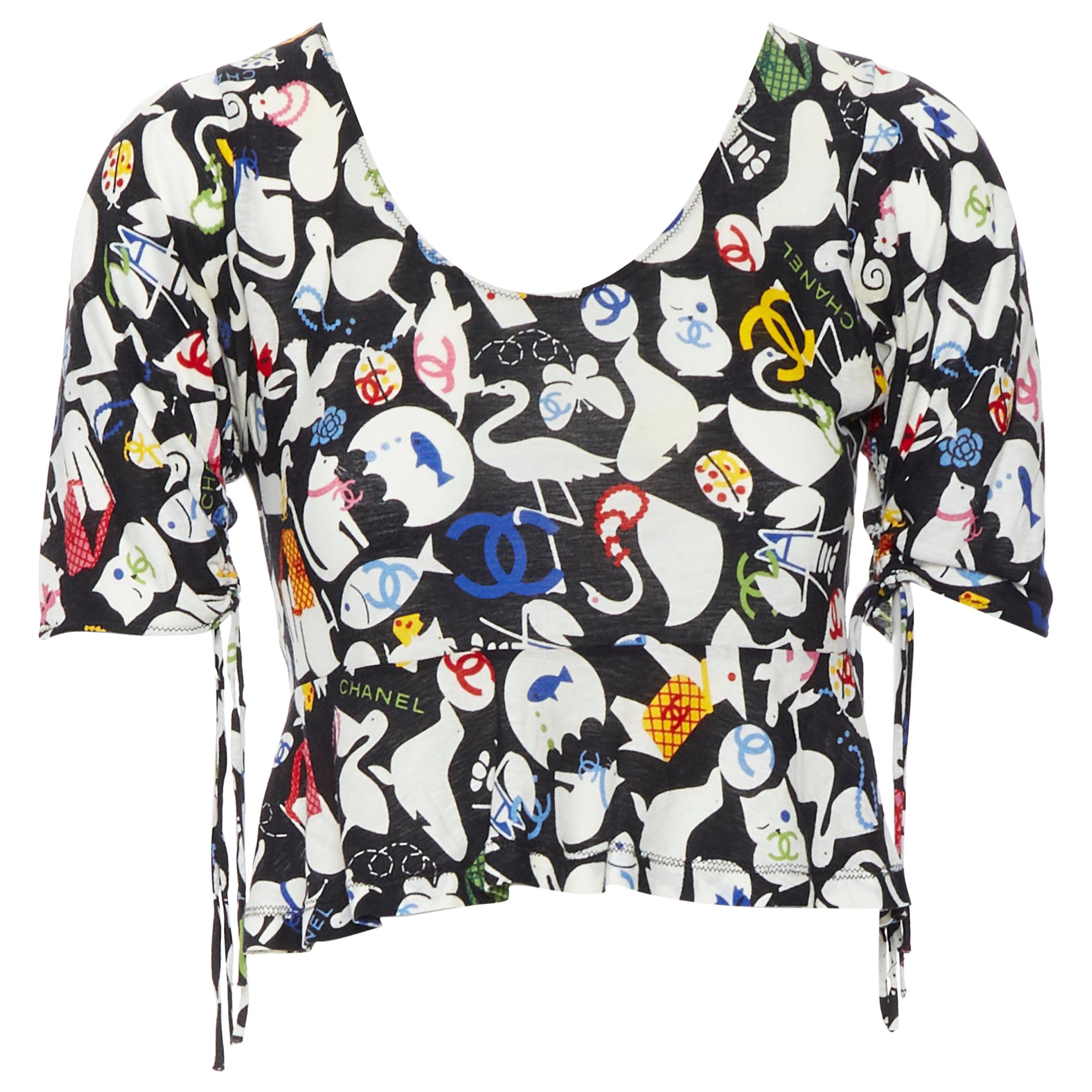 CHANEL 07P 100% cotton black CC illustration print short sleeve cropped top FR34