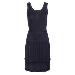 CHANEL 07P Black Stretch Knit Crochet Classic Sleeveless Tank Shift Dress 38