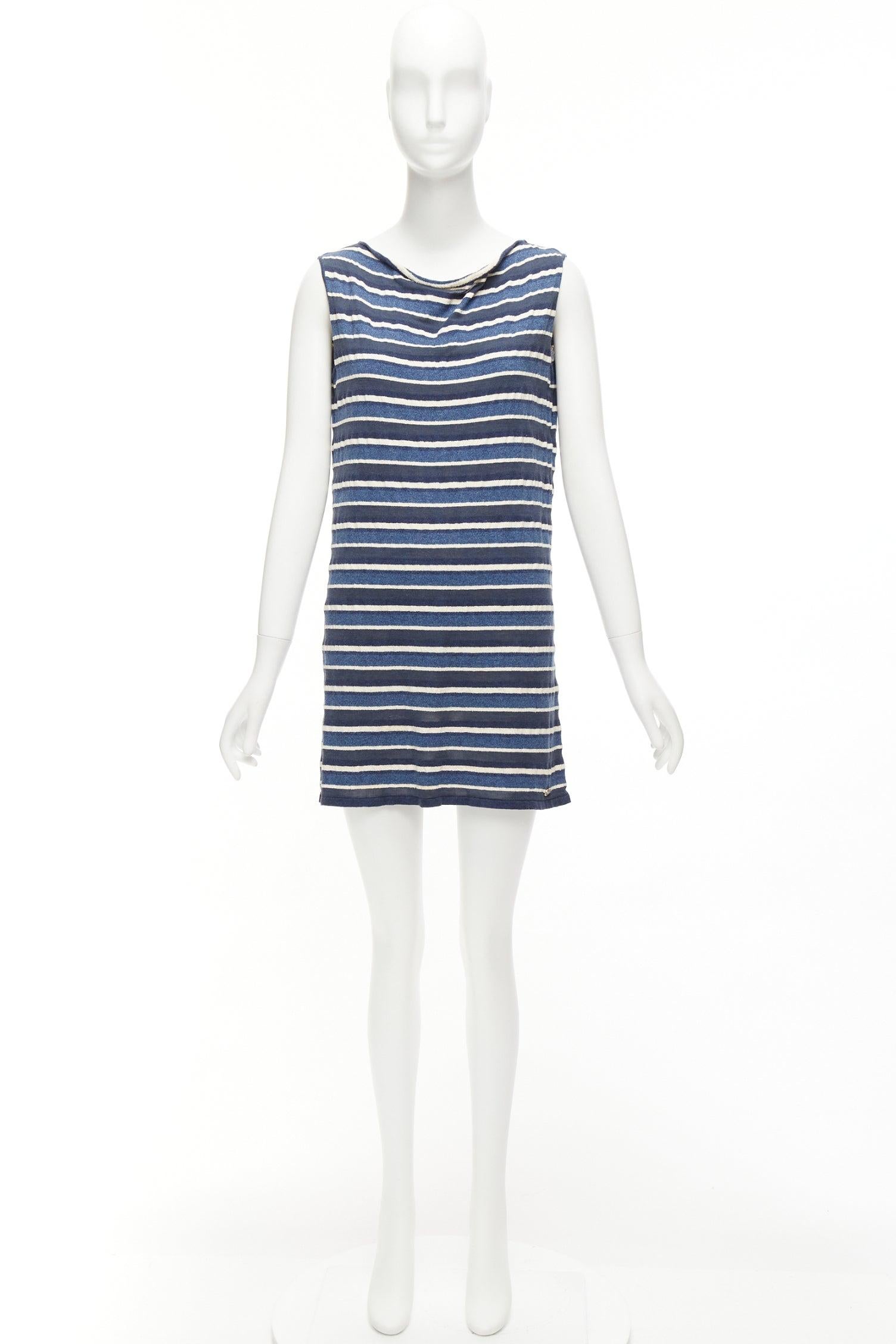 CHANEL 07P blue cream striped cotton silk blend CC cowl neck mini dress FR36 S 5