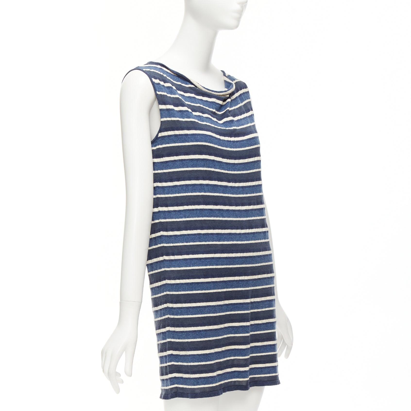 White CHANEL 07P blue cream striped cotton silk blend CC cowl neck mini dress FR36 S