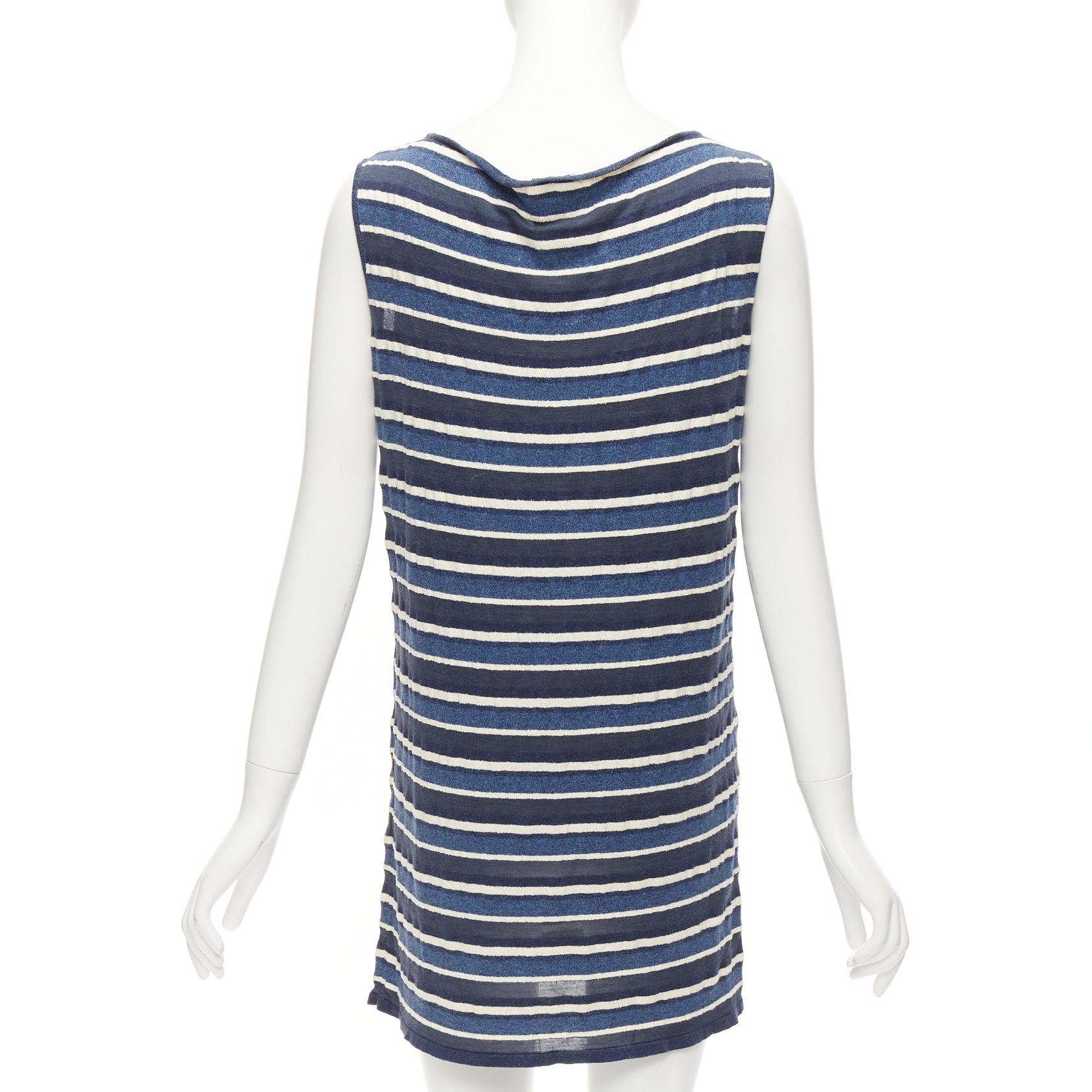 Women's CHANEL 07P blue cream striped cotton silk blend CC cowl neck mini dress FR36 S