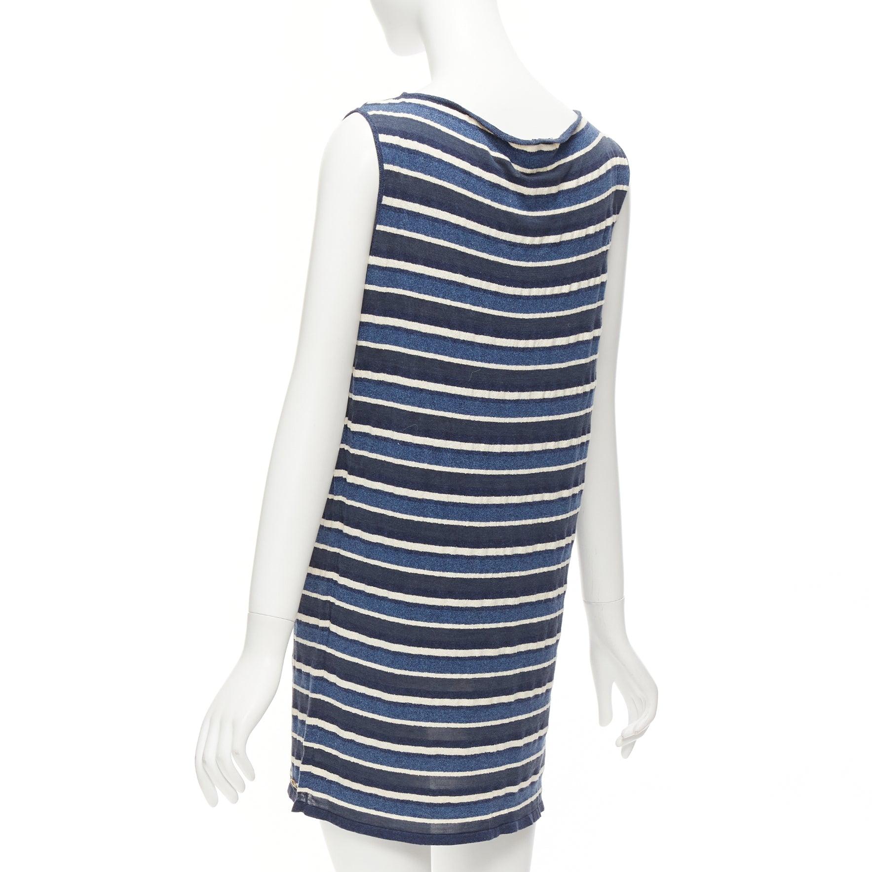 CHANEL 07P blue cream striped cotton silk blend CC cowl neck mini dress FR36 S For Sale 2