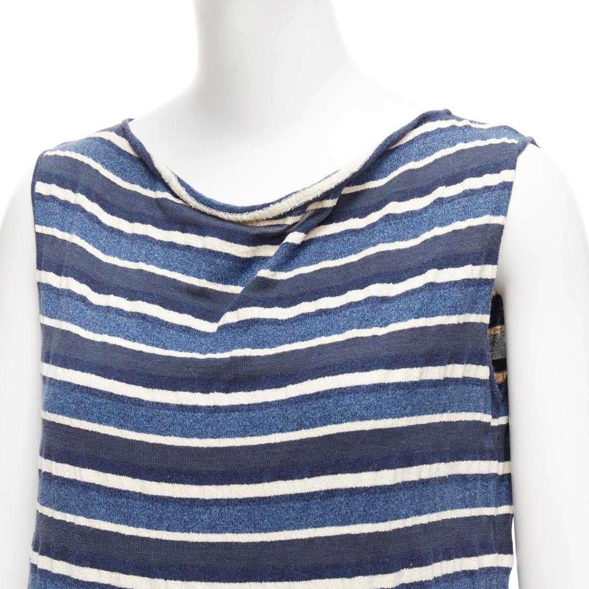 CHANEL 07P blue cream striped cotton silk blend CC cowl neck mini dress FR36 S 2
