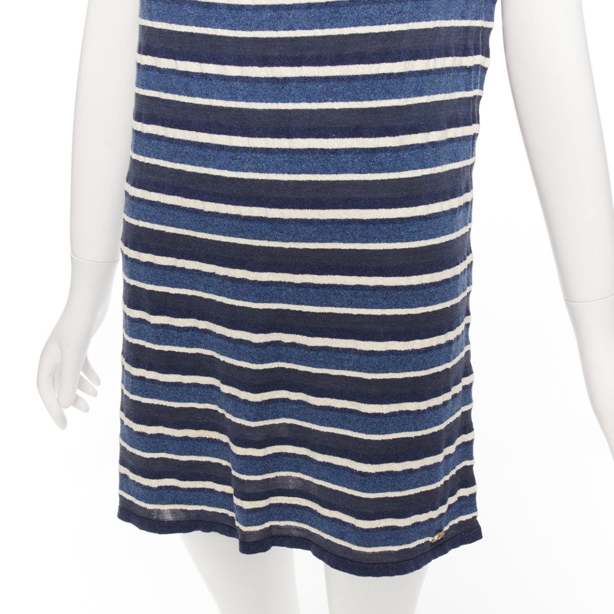 CHANEL 07P blue cream striped cotton silk blend CC cowl neck mini dress FR36 S 3