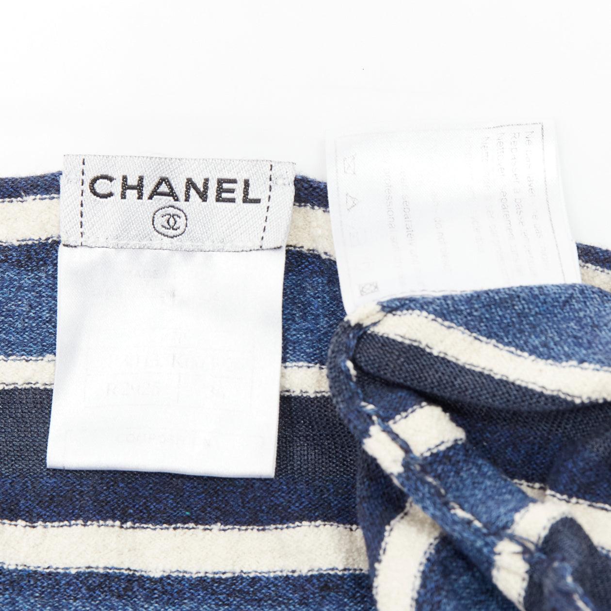 CHANEL 07P blue cream striped cotton silk blend CC cowl neck mini dress FR36 S 4