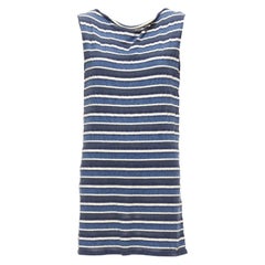 CHANEL 07P blue cream striped cotton silk blend CC cowl neck mini dress FR36 S