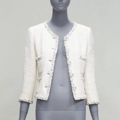 CHANEL 07P off white tweed gold CC logo braid trim 4 pocket jacket FR36 S
