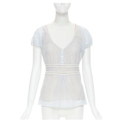 CHANEL 07P pastel baby blue embroidery anglais lace babydoll cottage top FR42 L