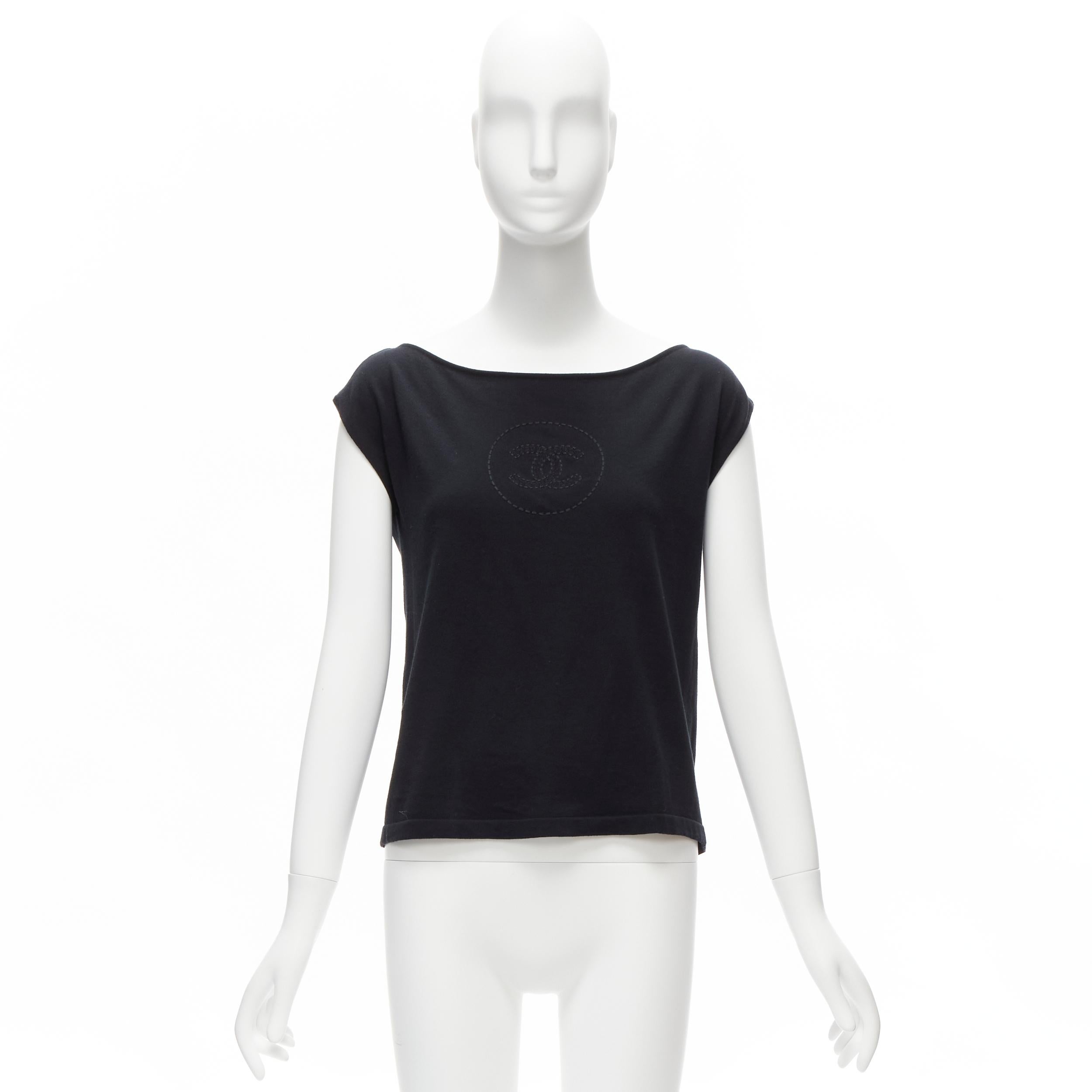 CHANEL 07P Vintage black CC logo topstitch cotton boat neck top FR36 S For Sale 5