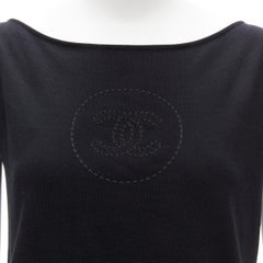 CHANEL 07P Vintage black CC logo topstitch cotton boat neck top FR36 S