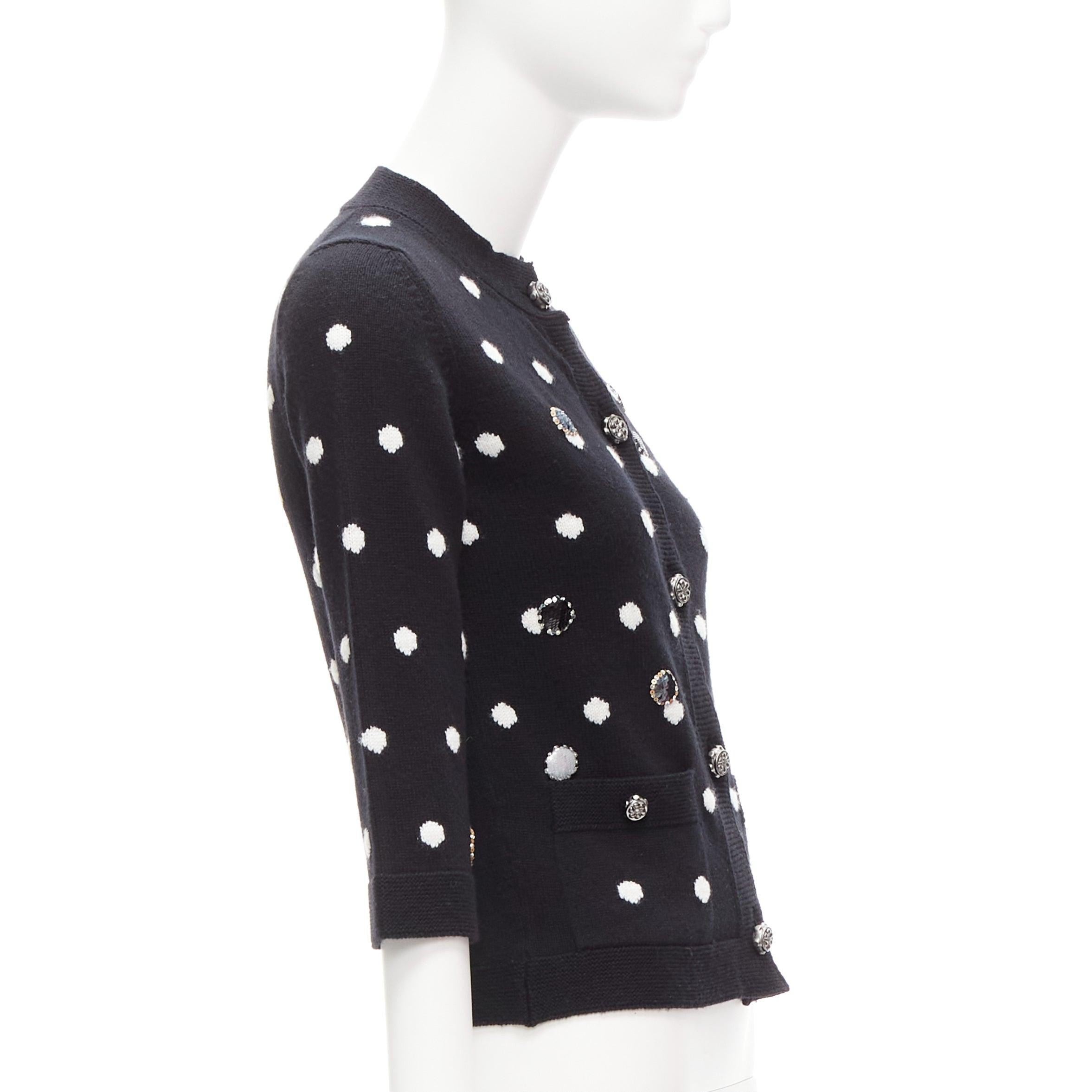 Women's CHANEL 08A 100% cashmere silver embellished black polka dot cardigan FR34 XS For Sale