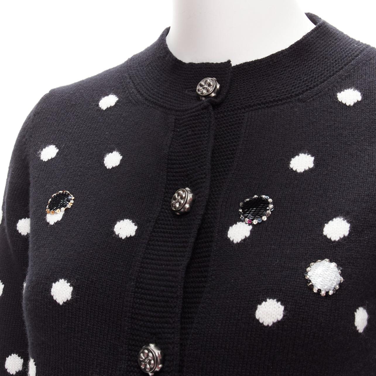 CHANEL 08A 100% cashmere silver embellished black polka dot cardigan FR34 XS For Sale 2
