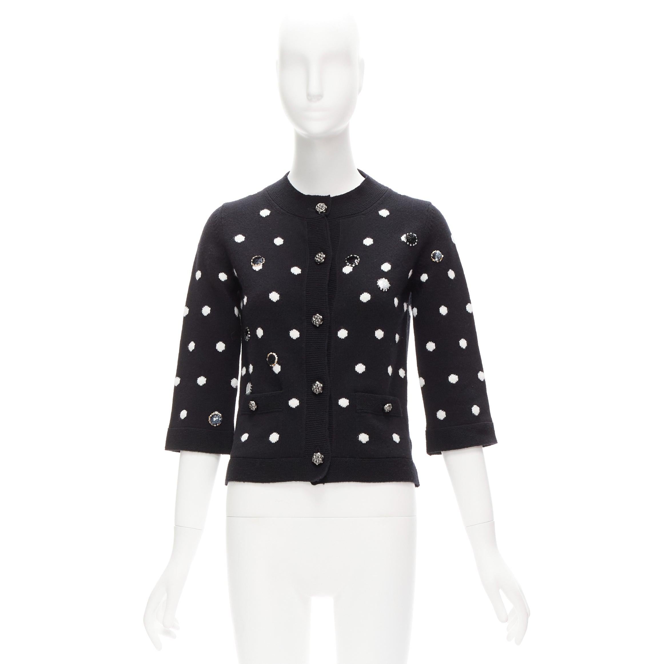CHANEL 08A 100% cashmere silver embellished black polka dot cardigan FR34 XS For Sale 4
